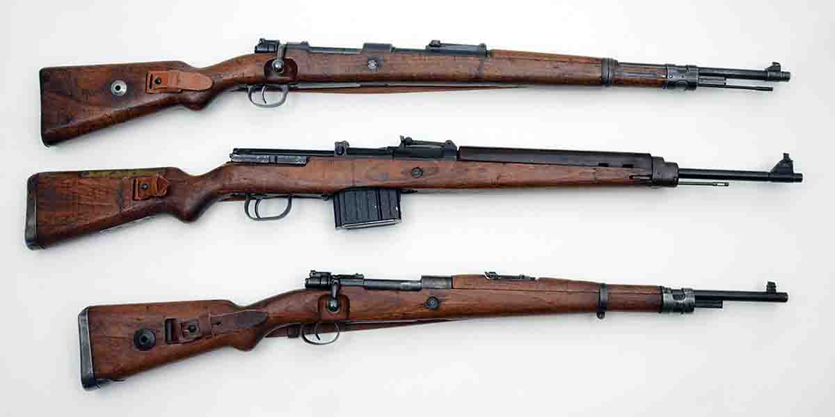 Three of the different 8x57mm rifles Germany issued to its front-line forces include (top to bottom): the K98k, K43 (also marked G43) and the G33-40.